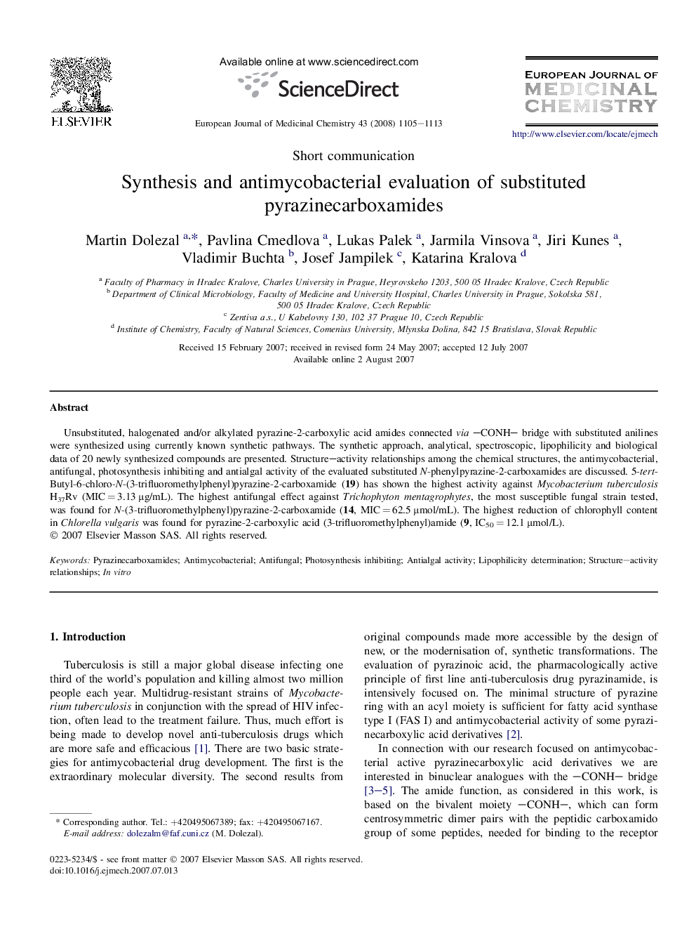 Synthesis and antimycobacterial evaluation of substituted pyrazinecarboxamides