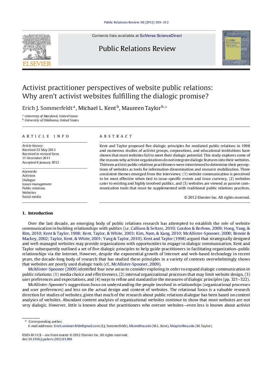 Activist practitioner perspectives of website public relations: Why aren’t activist websites fulfilling the dialogic promise?