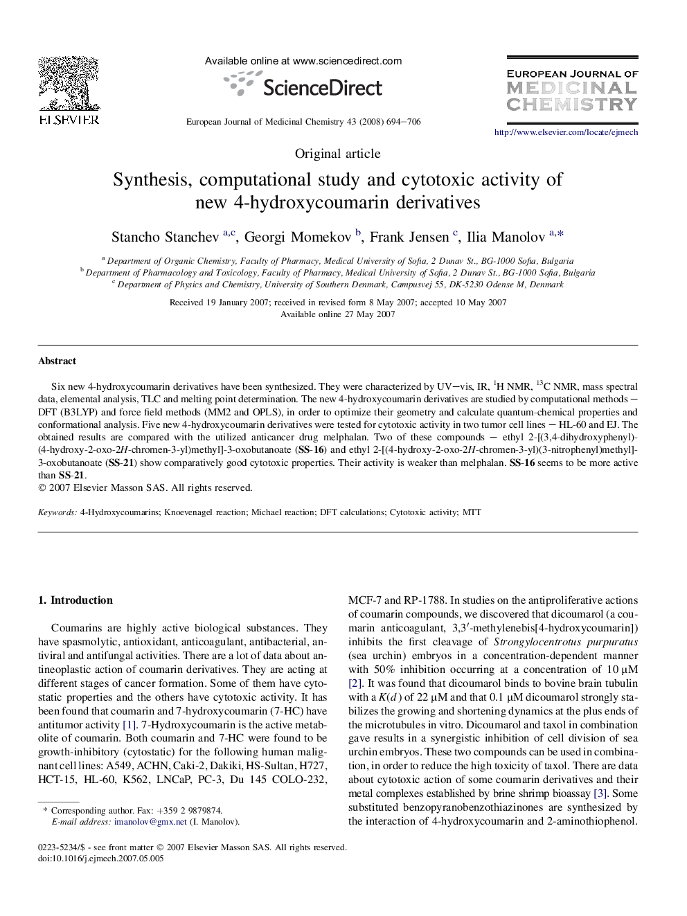 Synthesis, computational study and cytotoxic activity of new 4-hydroxycoumarin derivatives