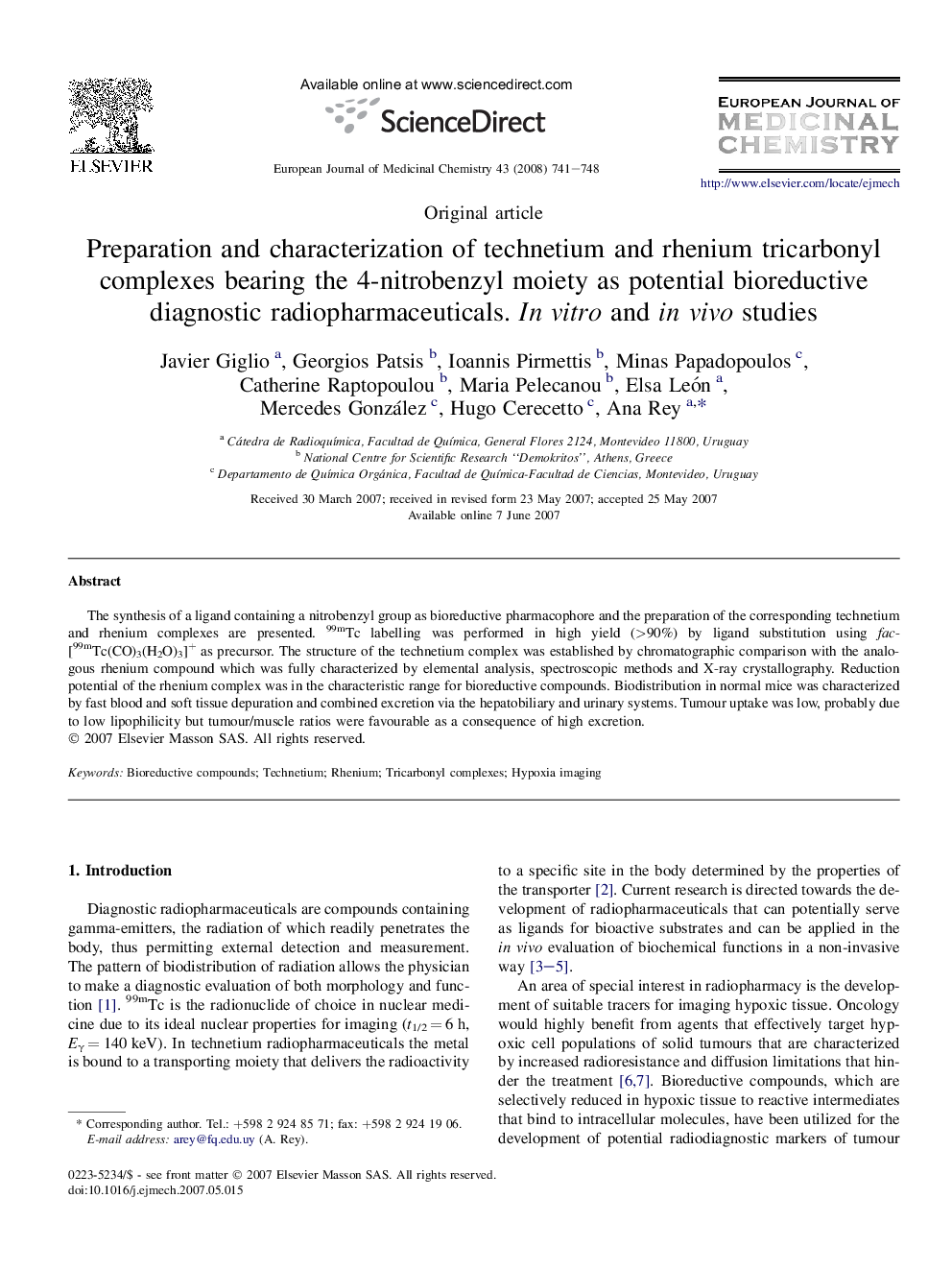 Preparation and characterization of technetium and rhenium tricarbonyl complexes bearing the 4-nitrobenzyl moiety as potential bioreductive diagnostic radiopharmaceuticals. In vitro and in vivo studies