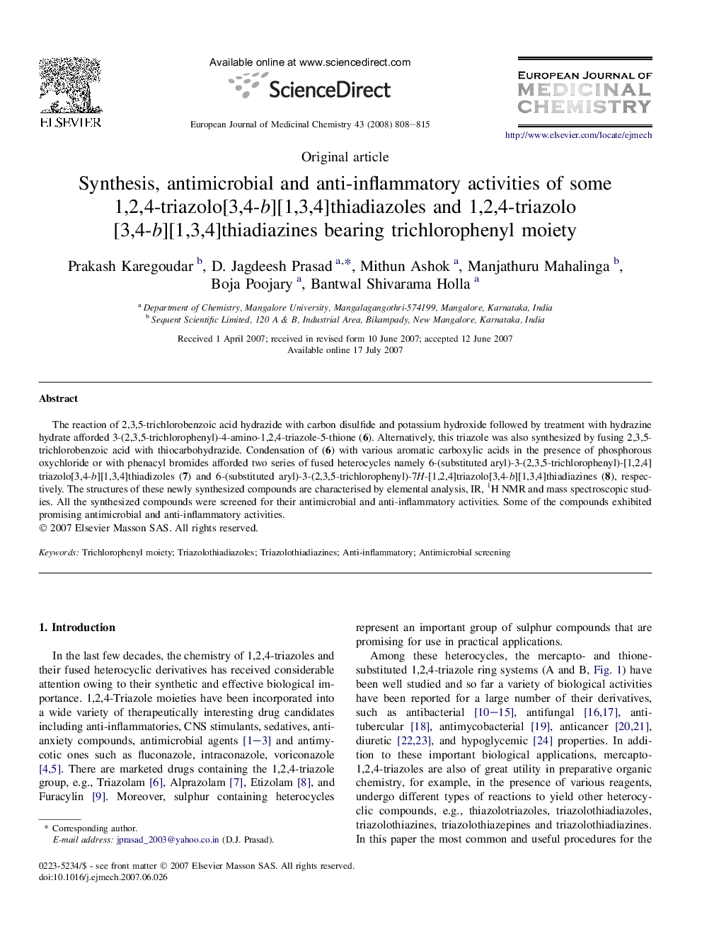 Synthesis, antimicrobial and anti-inflammatory activities of some 1,2,4-triazolo[3,4-b][1,3,4]thiadiazoles and 1,2,4-triazolo[3,4-b][1,3,4]thiadiazines bearing trichlorophenyl moiety