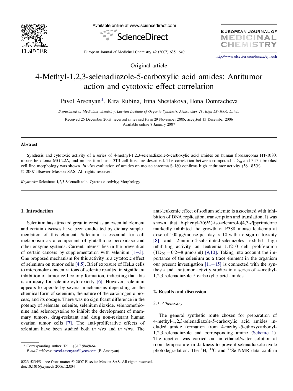 4-Methyl-1,2,3-selenadiazole-5-carboxylic acid amides: Antitumor action and cytotoxic effect correlation