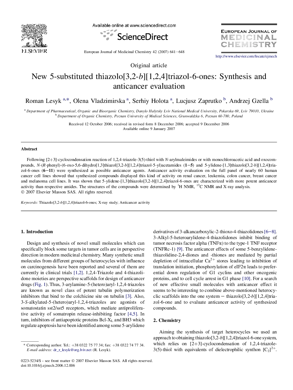 New 5-substituted thiazolo[3,2-b][1,2,4]triazol-6-ones: Synthesis and anticancer evaluation