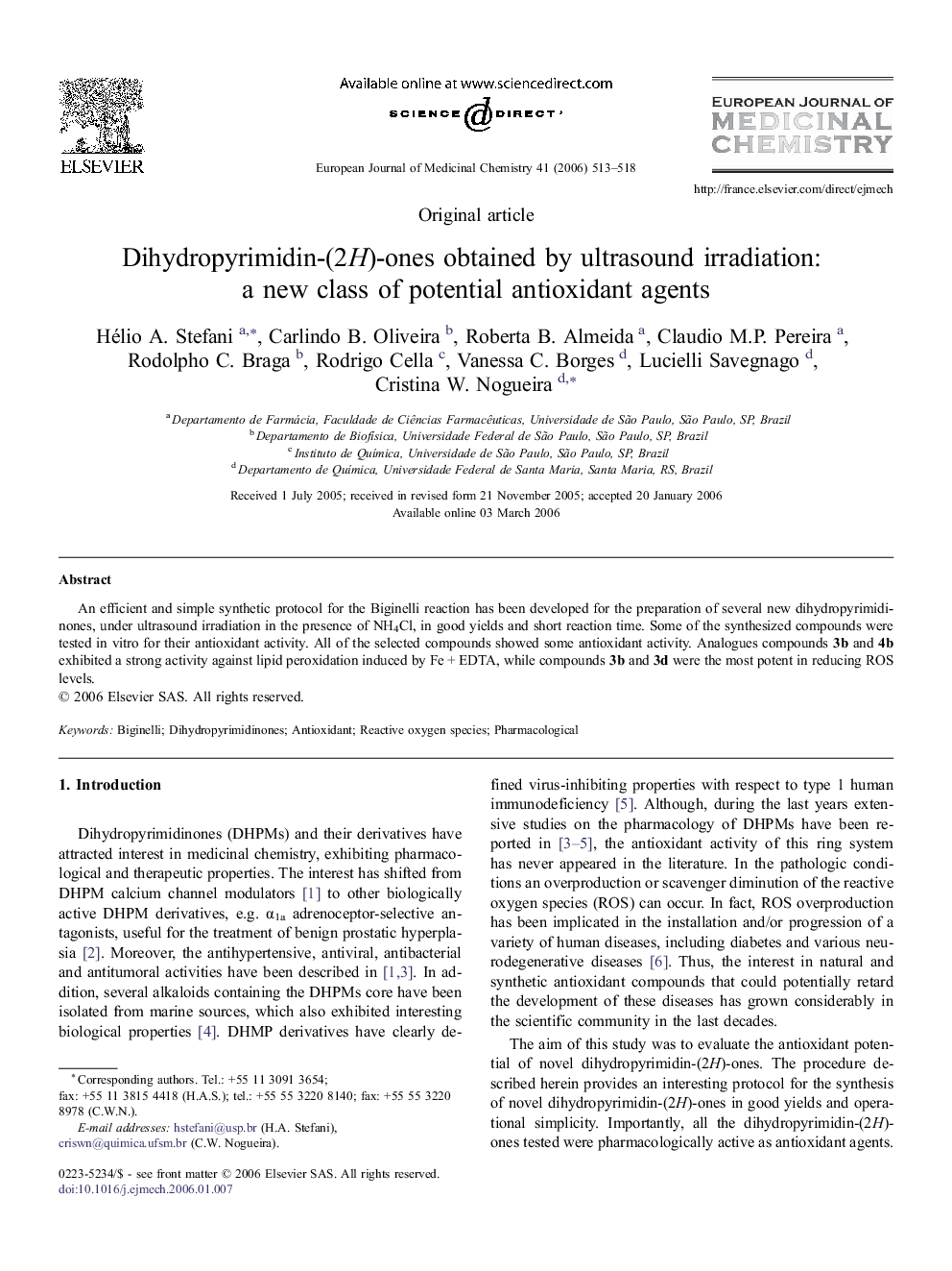 Dihydropyrimidin-(2H)-ones obtained by ultrasound irradiation: a new class of potential antioxidant agents