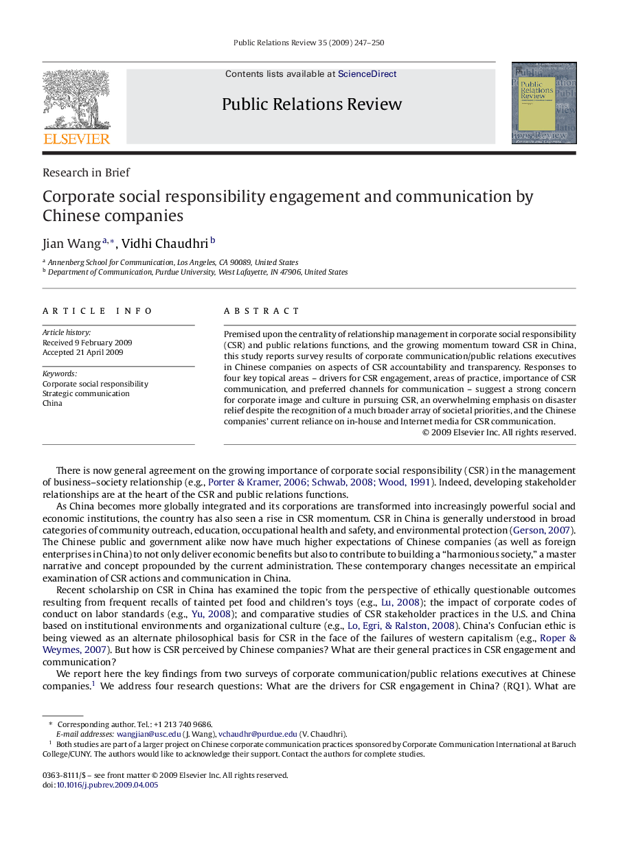 Corporate social responsibility engagement and communication by Chinese companies