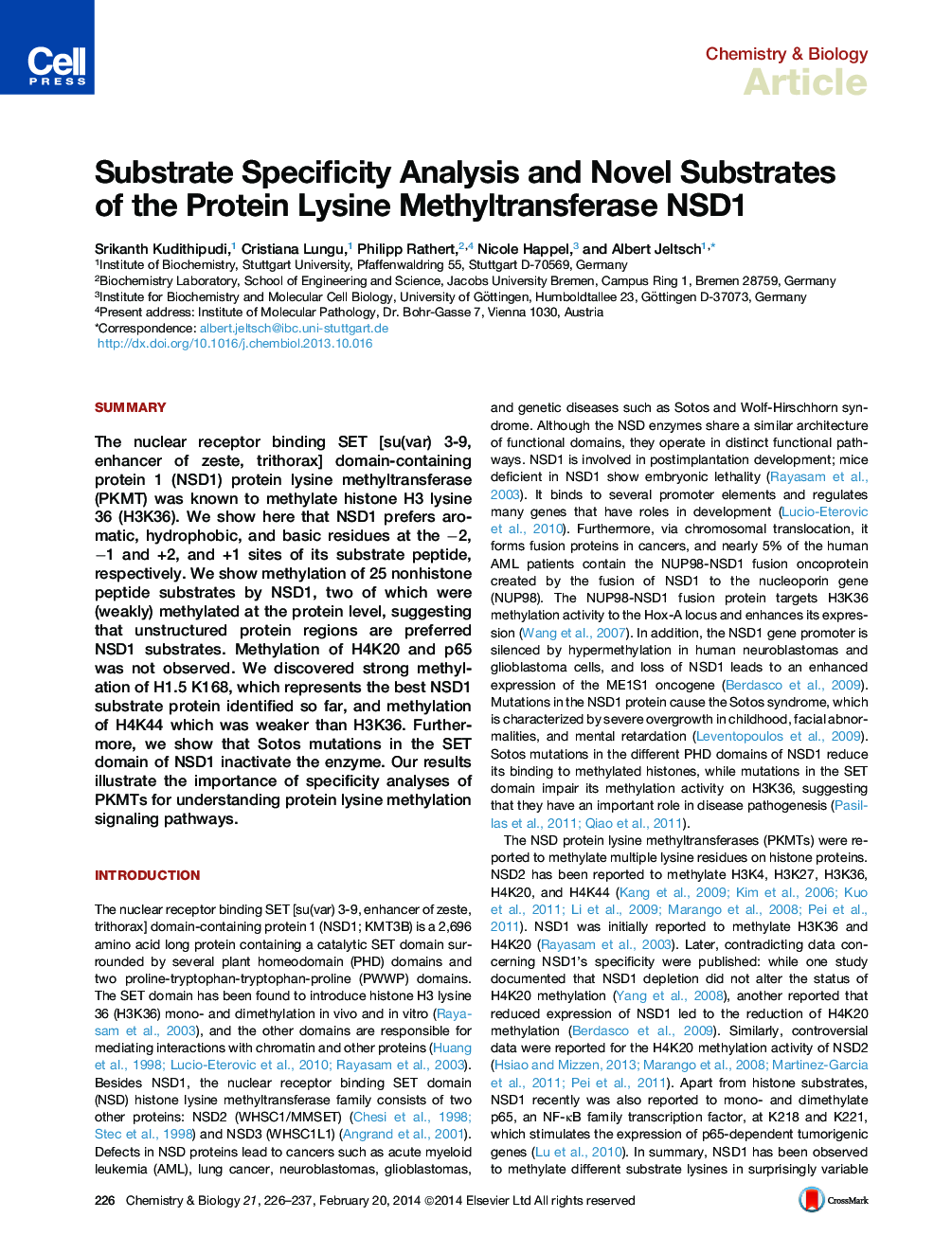 Substrate Specificity Analysis and Novel Substrates of the Protein Lysine Methyltransferase NSD1