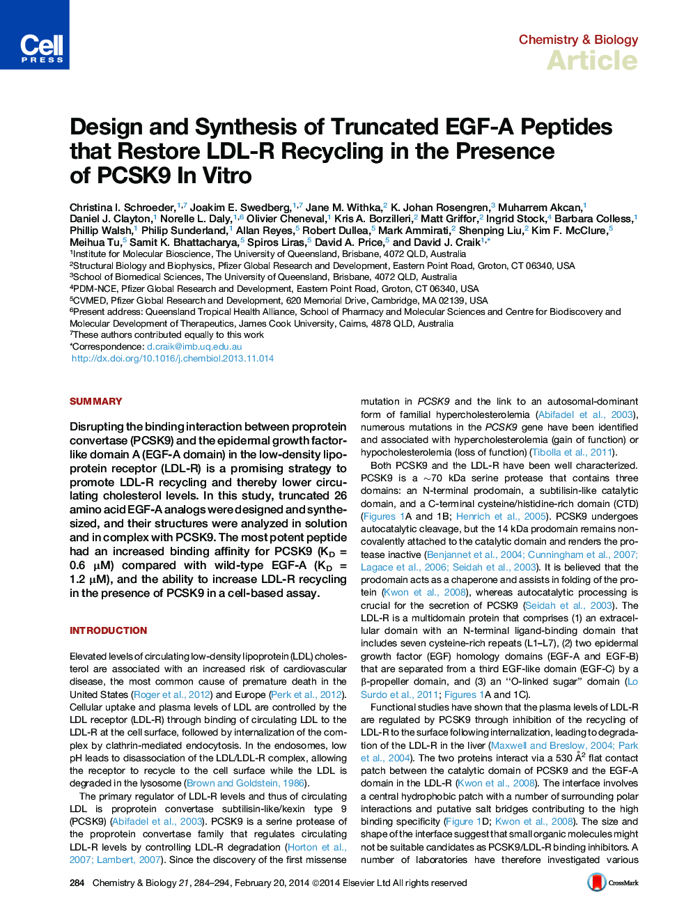 Design and Synthesis of Truncated EGF-A Peptides that Restore LDL-R Recycling in the Presence of PCSK9 In Vitro