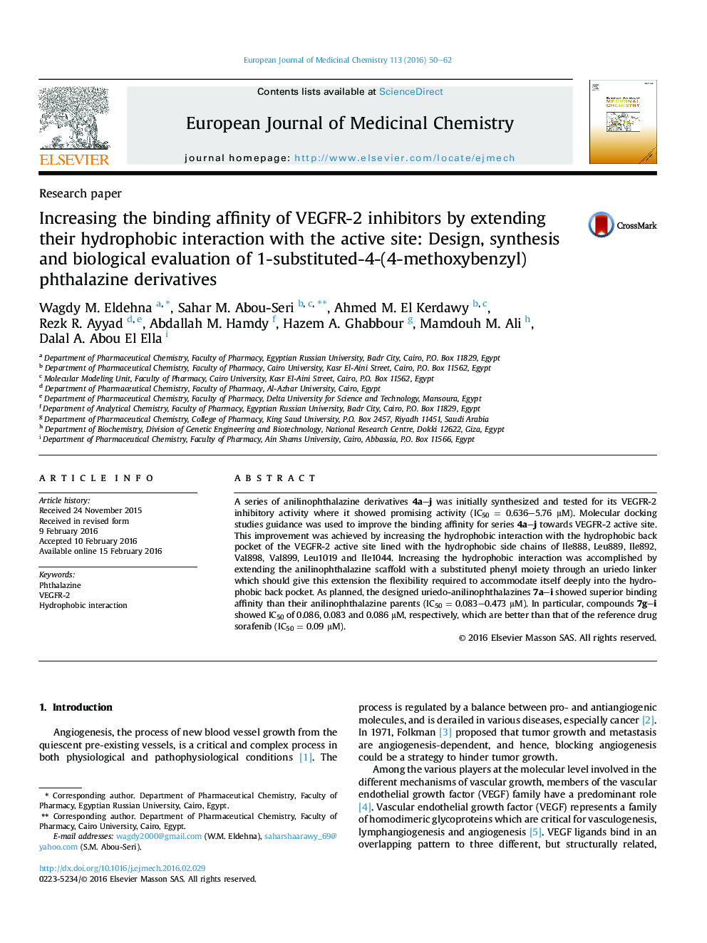 Increasing the binding affinity of VEGFR-2 inhibitors by extending their hydrophobic interaction with the active site: Design, synthesis and biological evaluation of 1-substituted-4-(4-methoxybenzyl)phthalazine derivatives