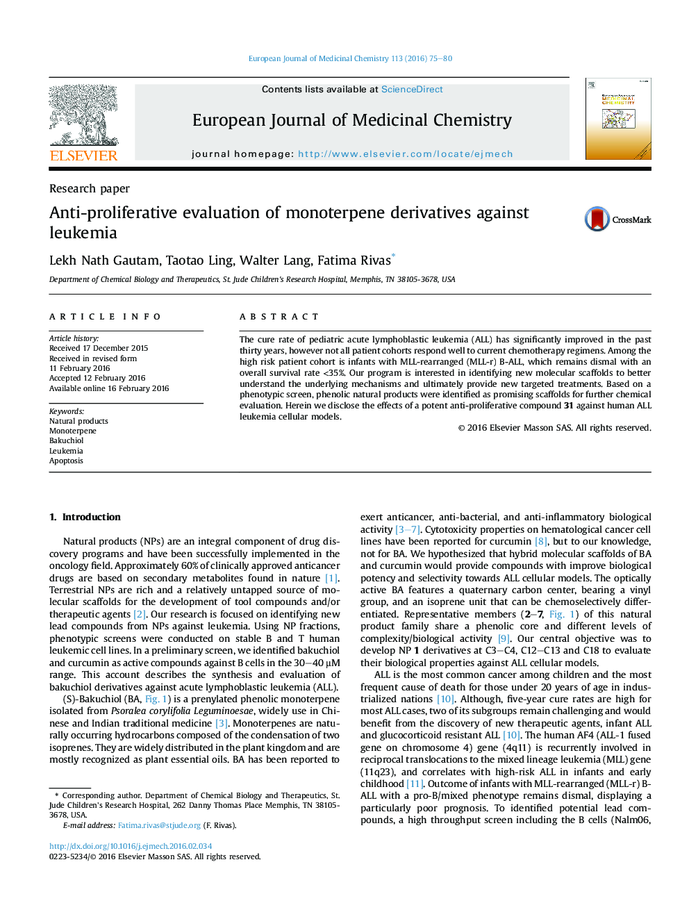 Anti-proliferative evaluation of monoterpene derivatives against leukemia