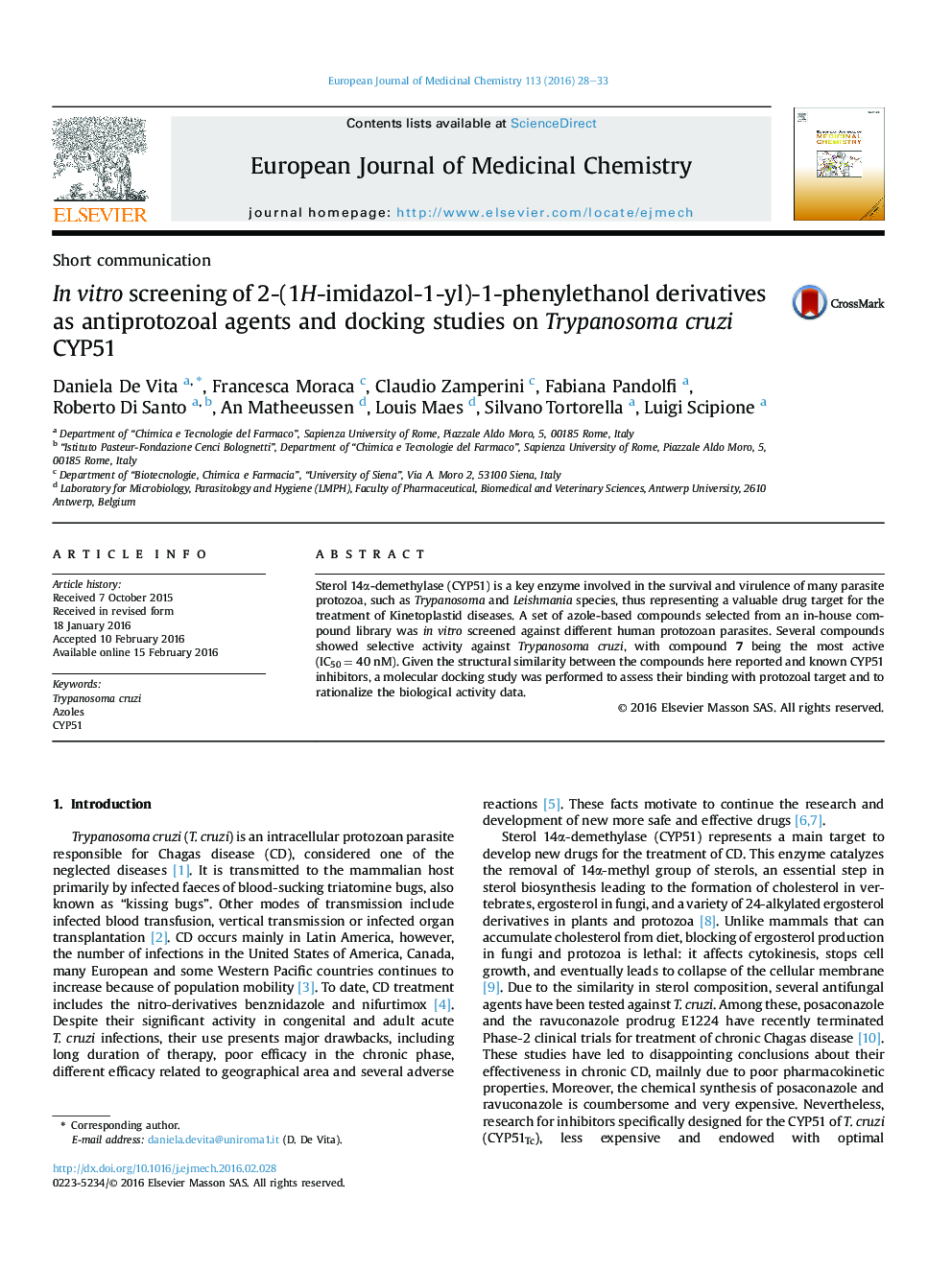 غربالگری آزمایشگاهی مشتقات 2- (1H-imidazol-1-yl) -1-phenylethanol به عنوان عوامل ضدپروتئوزوئیک و مطالعات داکینگ بر روی Trypanosoma cruzi CYP51
