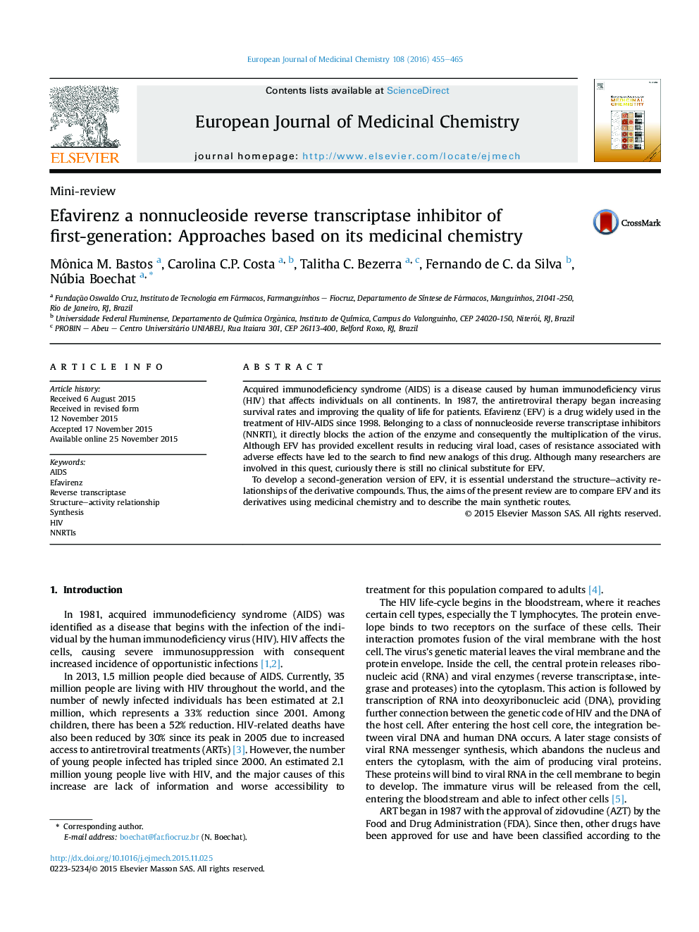 Efavirenz a nonnucleoside reverse transcriptase inhibitor of first-generation: Approaches based on its medicinal chemistry