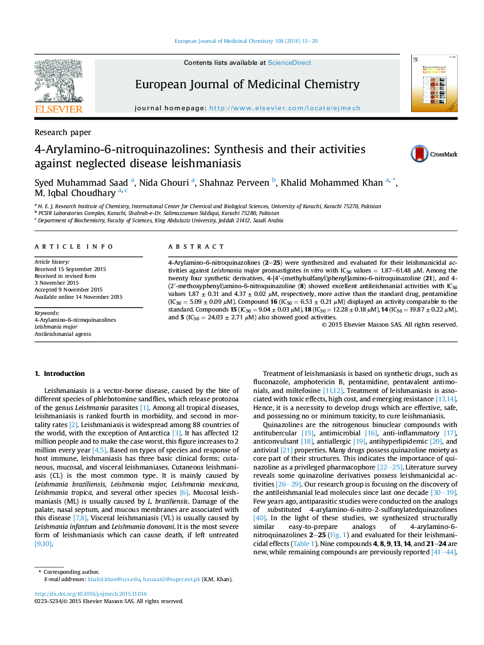 4-Arylamino-6-nitroquinazolines: Synthesis and their activities against neglected disease leishmaniasis