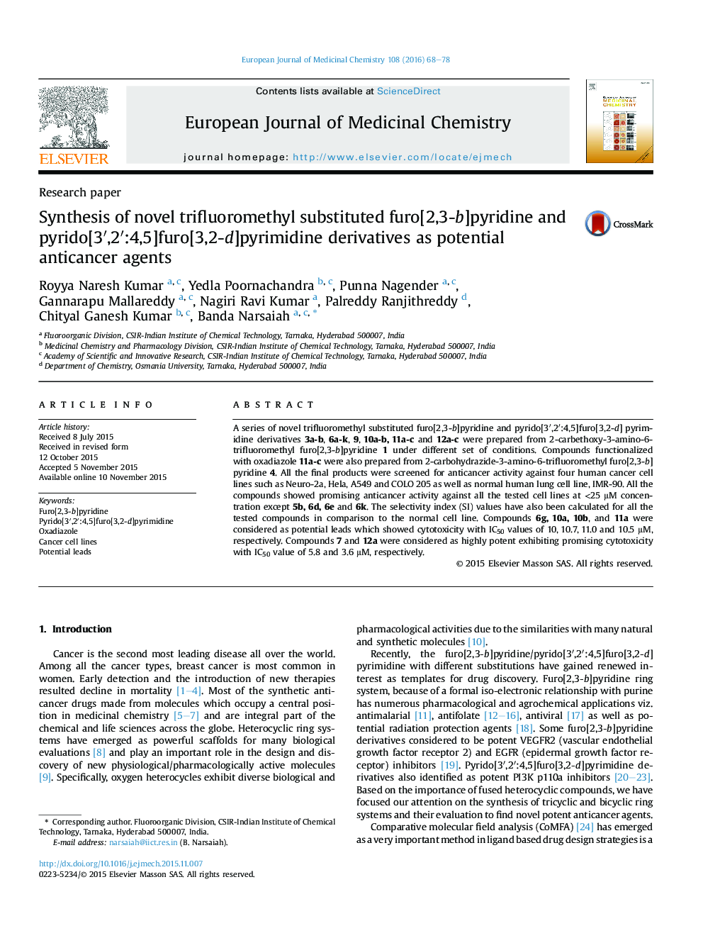 Synthesis of novel trifluoromethyl substituted furo[2,3-b]pyridine and pyrido[3′,2′:4,5]furo[3,2-d]pyrimidine derivatives as potential anticancer agents