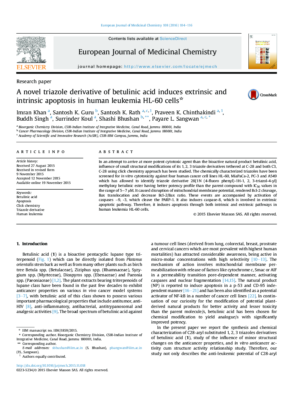 A novel triazole derivative of betulinic acid induces extrinsic and intrinsic apoptosis in human leukemia HL-60 cells 