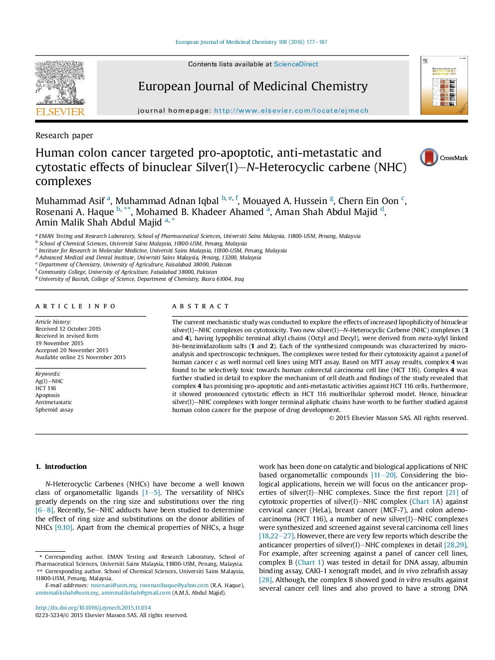 Human colon cancer targeted pro-apoptotic, anti-metastatic and cytostatic effects of binuclear Silver(I)–N-Heterocyclic carbene (NHC) complexes