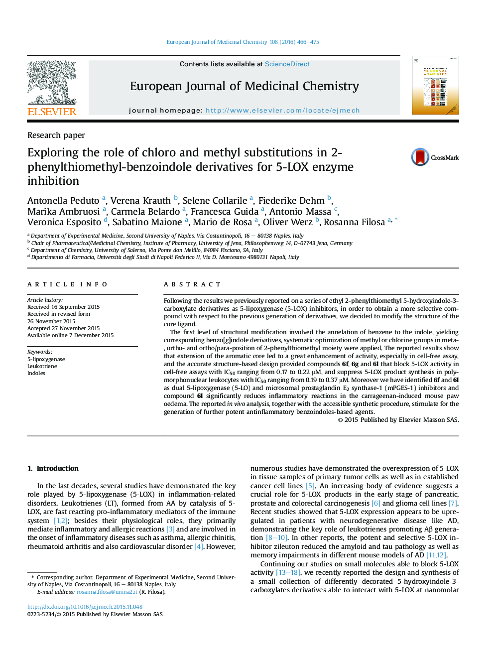 Exploring the role of chloro and methyl substitutions in 2-phenylthiomethyl-benzoindole derivatives for 5-LOX enzyme inhibition