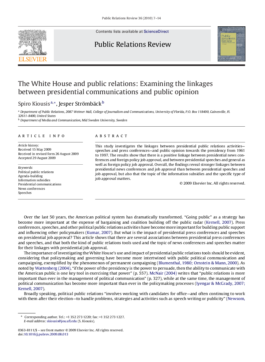 The White House and public relations: Examining the linkages between presidential communications and public opinion