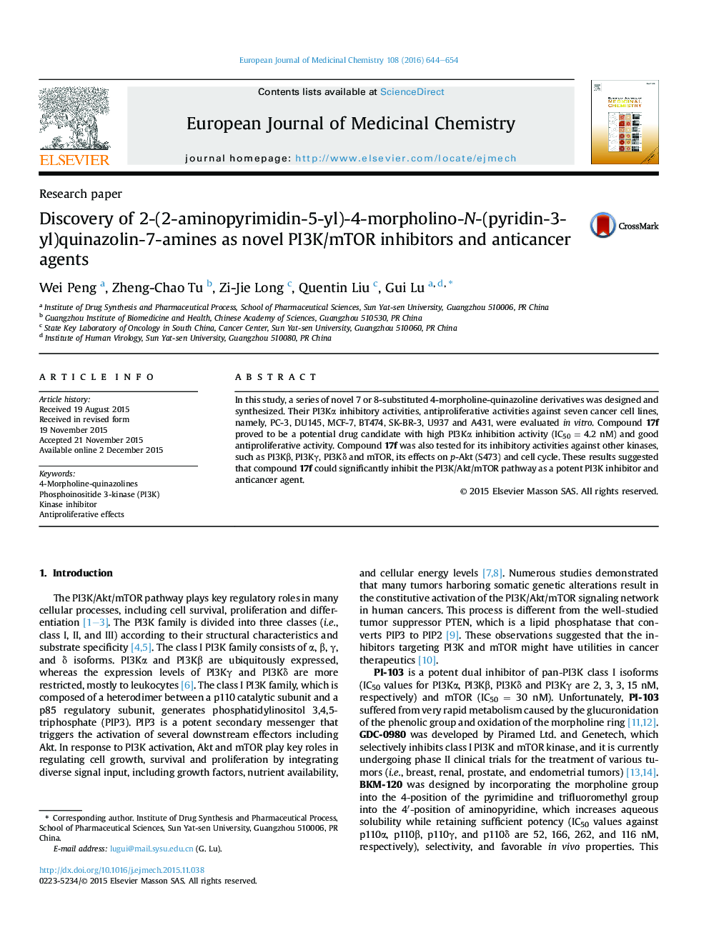 Discovery of 2-(2-aminopyrimidin-5-yl)-4-morpholino-N-(pyridin-3-yl)quinazolin-7-amines as novel PI3K/mTOR inhibitors and anticancer agents