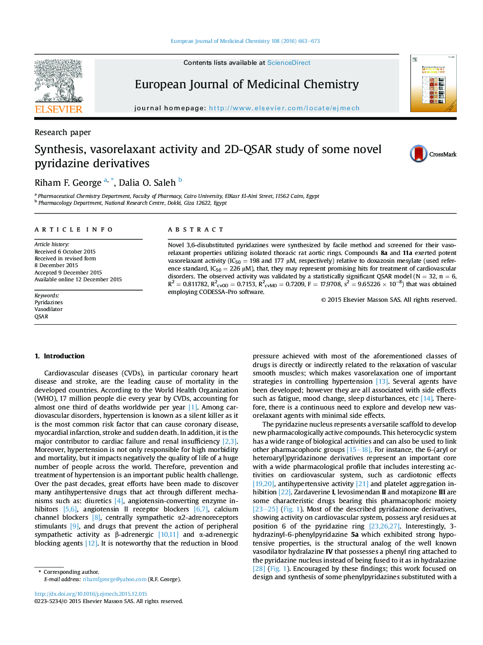 Synthesis, vasorelaxant activity and 2D-QSAR study of some novel pyridazine derivatives