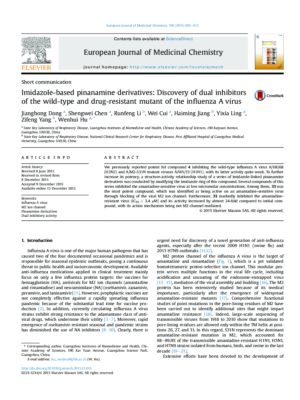 Imidazole-based pinanamine derivatives: Discovery of dual inhibitors of the wild-type and drug-resistant mutant of the influenza A virus