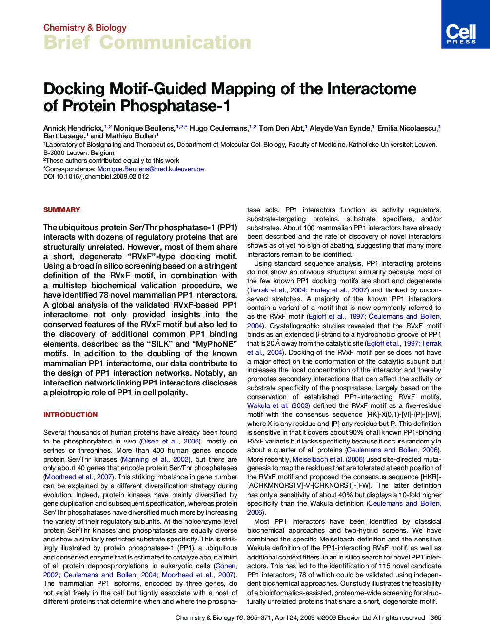 Docking Motif-Guided Mapping of the Interactome of Protein Phosphatase-1