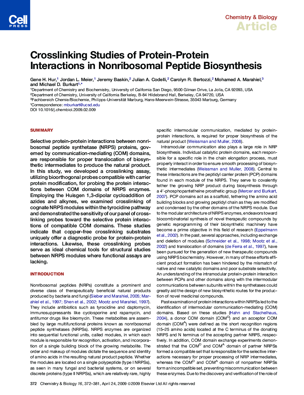 Crosslinking Studies of Protein-Protein Interactions in Nonribosomal Peptide Biosynthesis