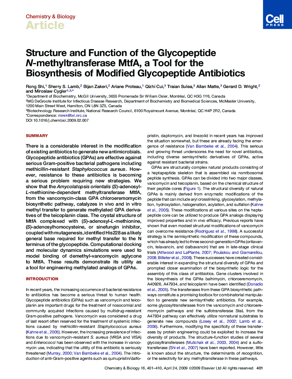 Structure and Function of the Glycopeptide N-methyltransferase MtfA, a Tool for the Biosynthesis of Modified Glycopeptide Antibiotics