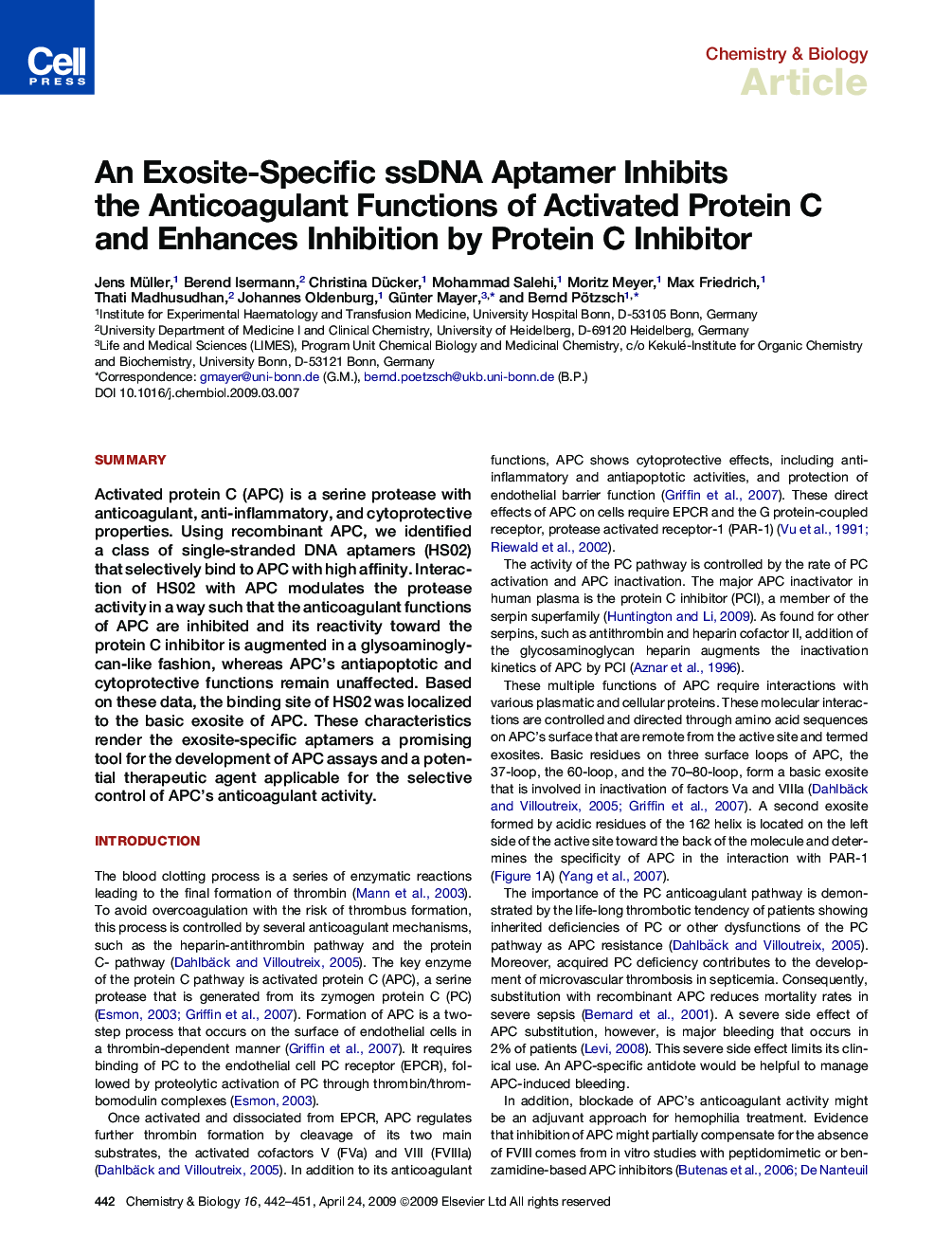 An Exosite-Specific ssDNA Aptamer Inhibits the Anticoagulant Functions of Activated Protein C and Enhances Inhibition by Protein C Inhibitor