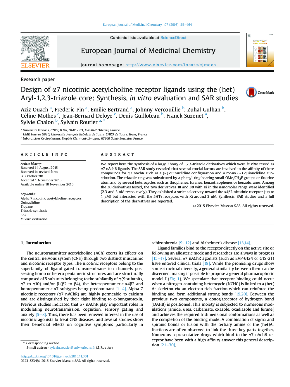 عکس صفحه اول مقاله: Design of α7 nicotinic acetylcholine receptor ligands using the (het)Aryl-1,2,3-triazole core: Synthesis, in vitro evaluation and SAR studies Design of α7 nicotinic acetylcholine receptor ligands using the (het)Aryl-1,2,3-triazole core: Synthesis, in vitro evaluation and SAR studies