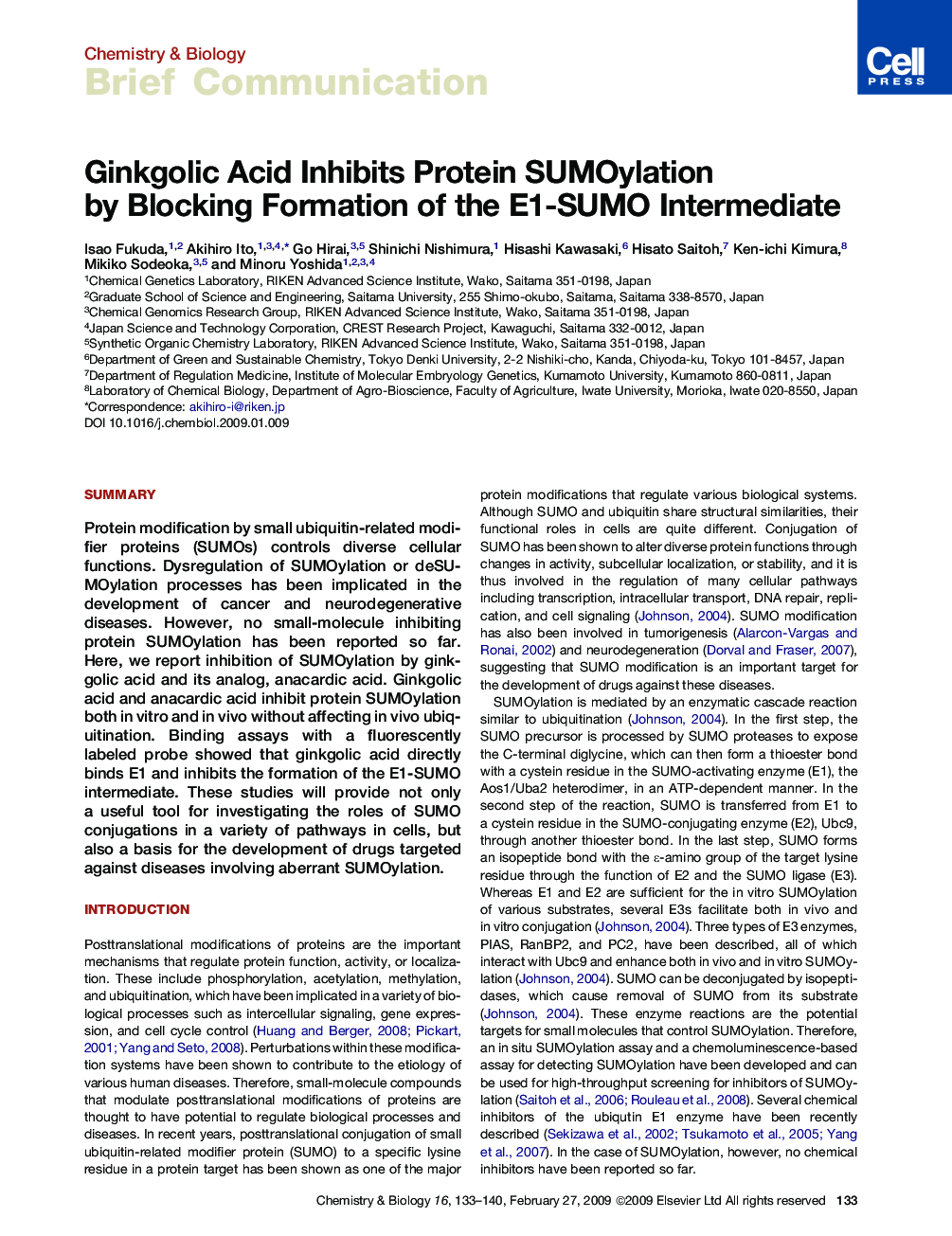 Ginkgolic Acid Inhibits Protein SUMOylation by Blocking Formation of the E1-SUMO Intermediate