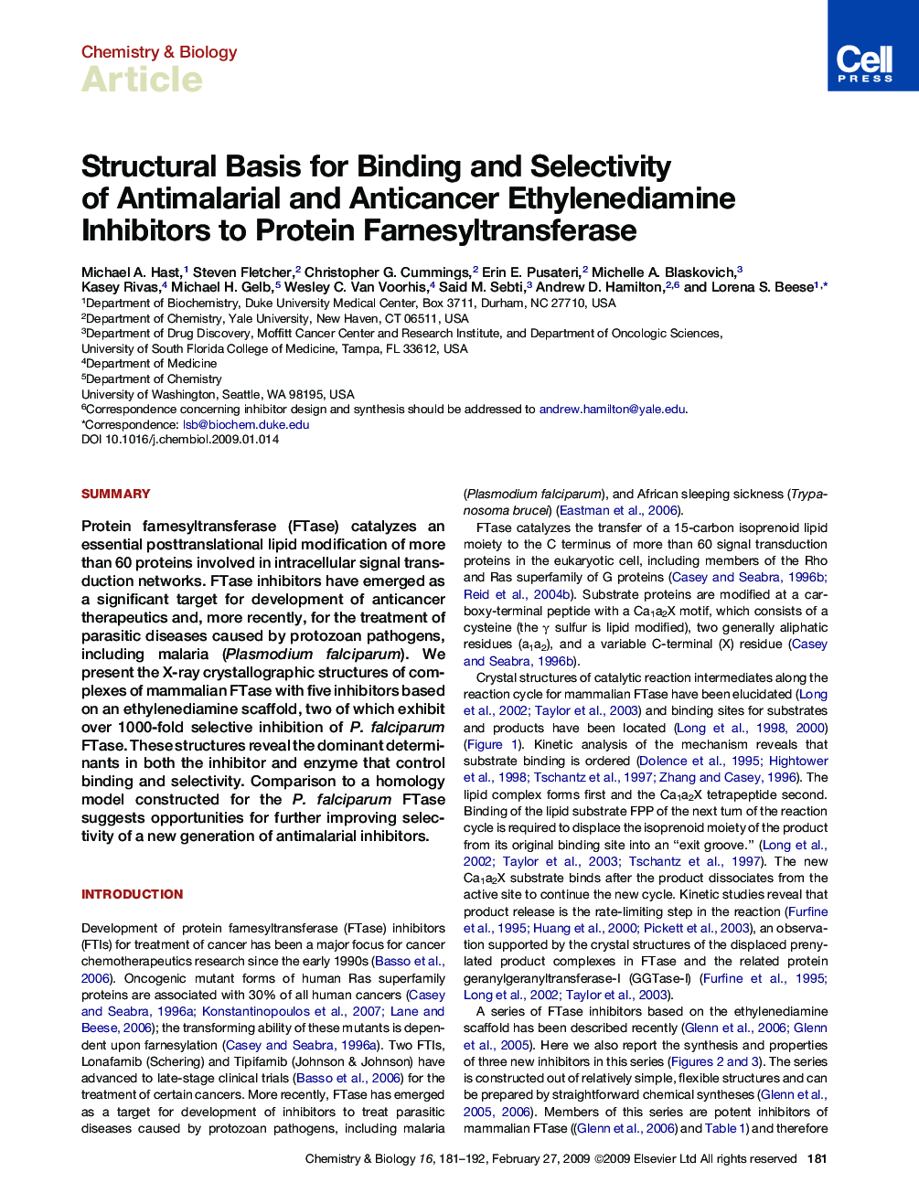 Structural Basis for Binding and Selectivity of Antimalarial and Anticancer Ethylenediamine Inhibitors to Protein Farnesyltransferase