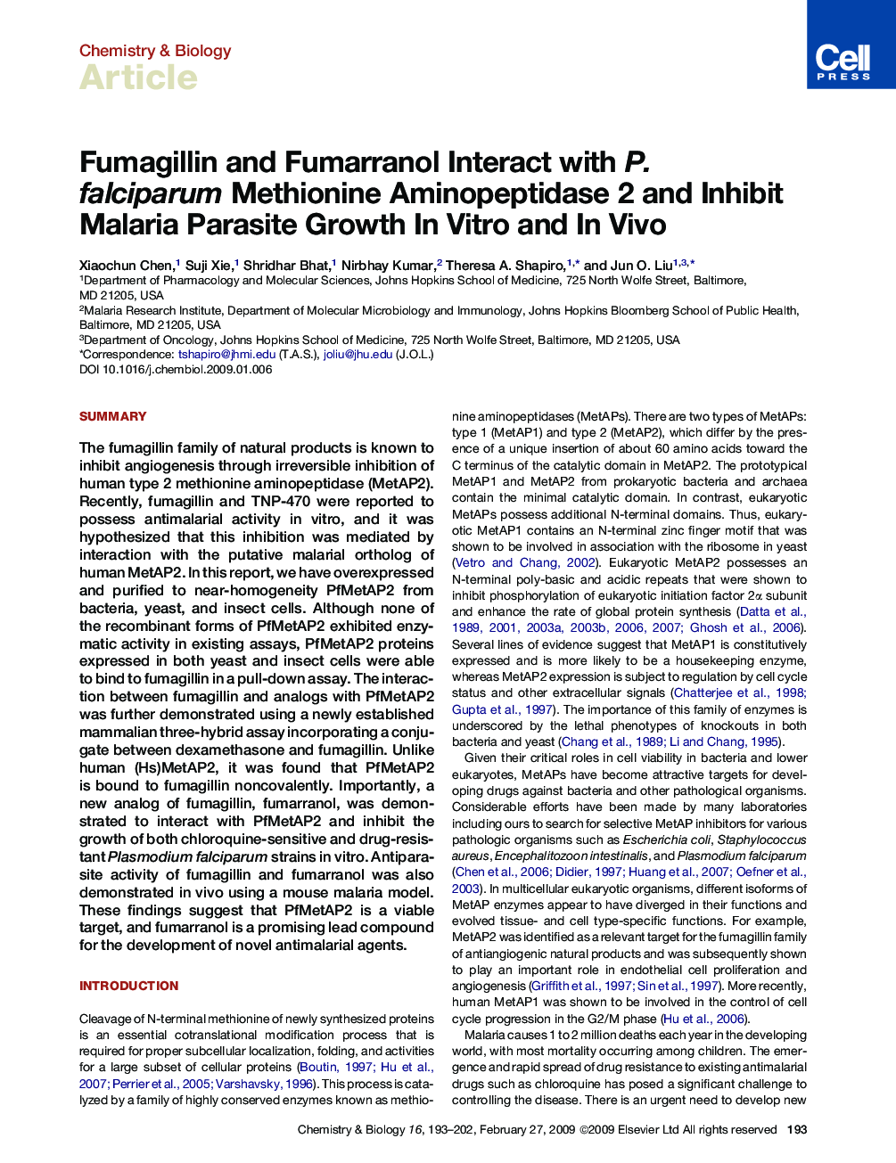 Fumagillin and Fumarranol Interact with P. falciparum Methionine Aminopeptidase 2 and Inhibit Malaria Parasite Growth In Vitro and In Vivo