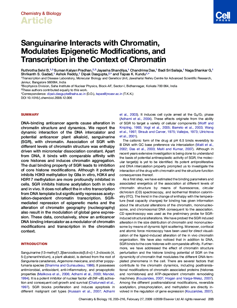 Sanguinarine Interacts with Chromatin, Modulates Epigenetic Modifications, and Transcription in the Context of Chromatin