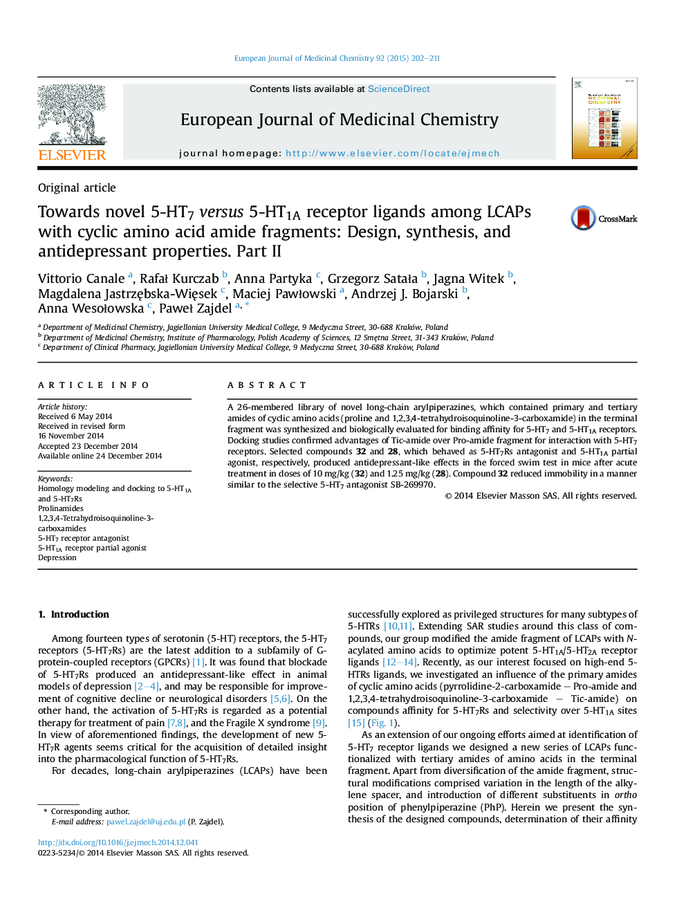 Towards novel 5-HT7versus 5-HT1A receptor ligands among LCAPs with cyclic amino acid amide fragments: Design, synthesis, and antidepressant properties. Part II