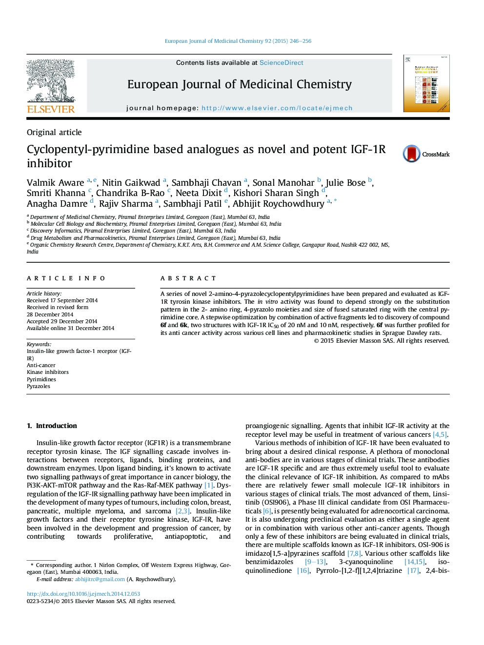 Cyclopentyl-pyrimidine based analogues as novel and potent IGF-1R inhibitor