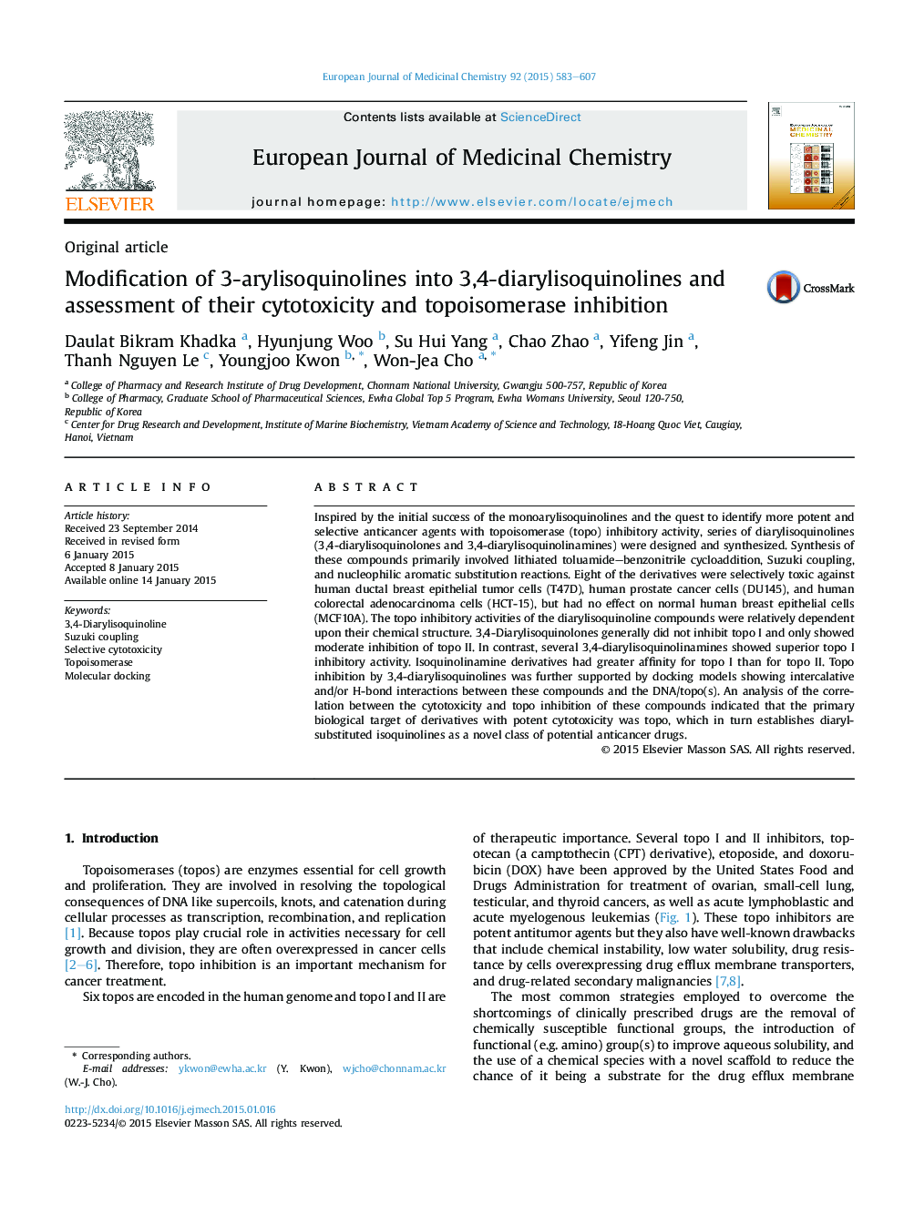 Modification of 3-arylisoquinolines into 3,4-diarylisoquinolines and assessment of their cytotoxicity and topoisomerase inhibition