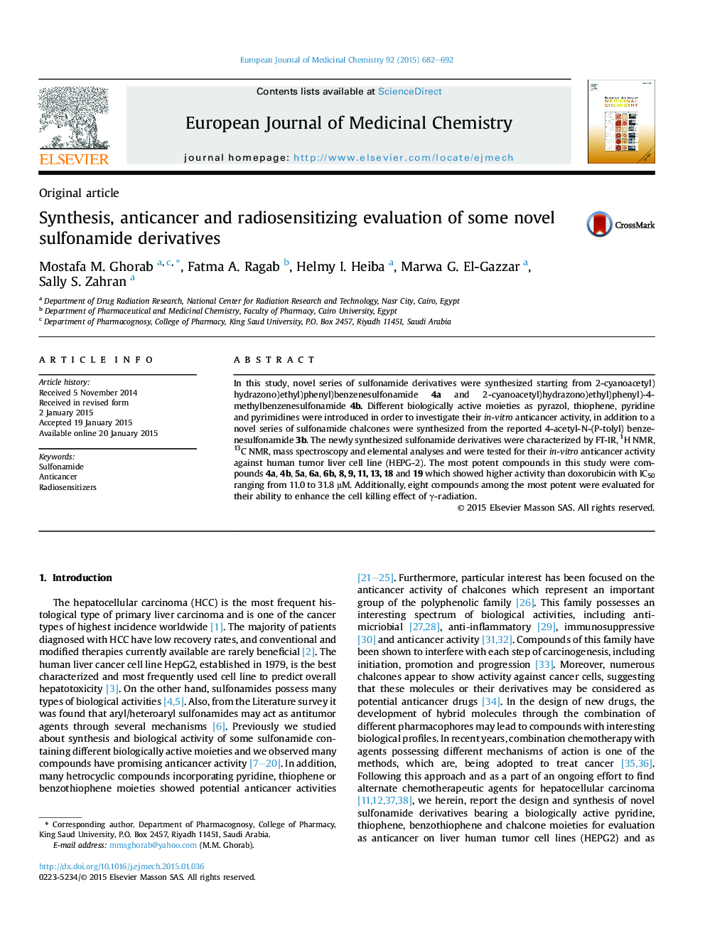 Synthesis, anticancer and radiosensitizing evaluation of some novel sulfonamide derivatives
