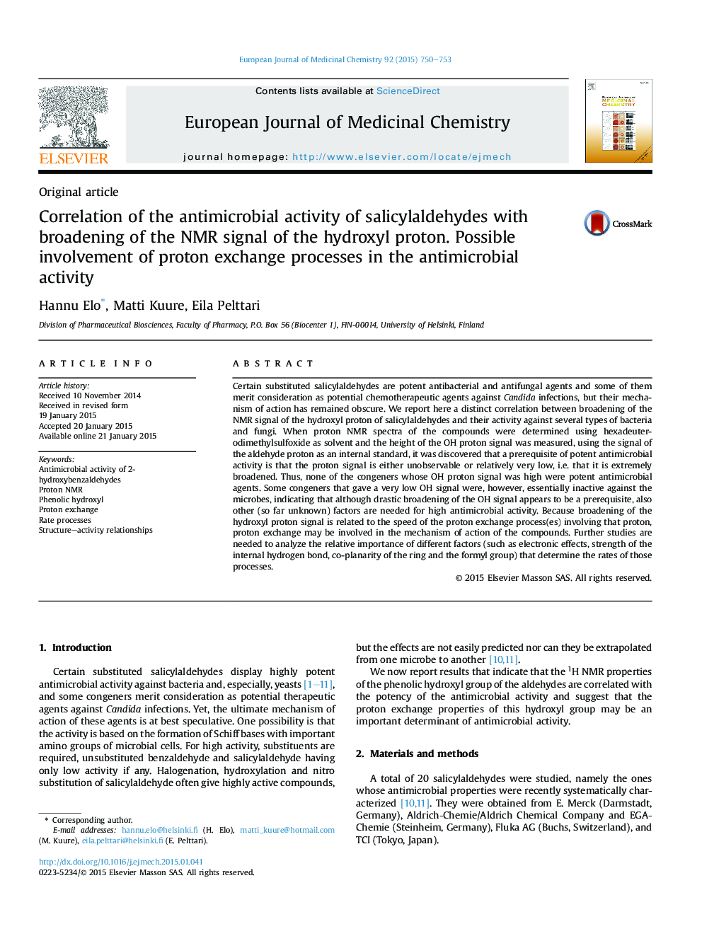 Correlation of the antimicrobial activity of salicylaldehydes with broadening of the NMR signal of the hydroxyl proton. Possible involvement of proton exchange processes in the antimicrobial activity