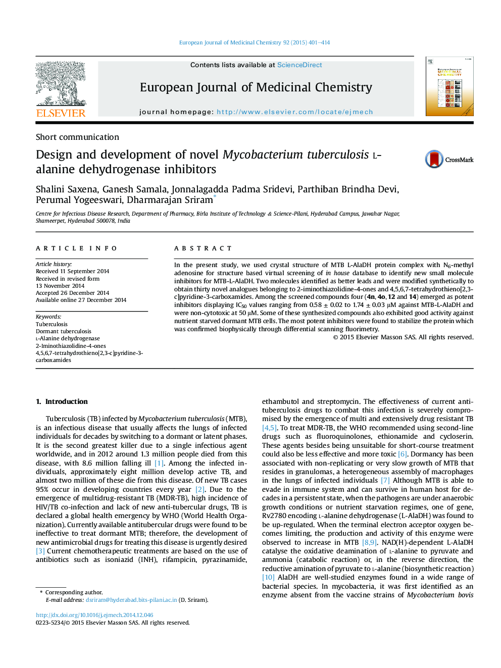 Design and development of novel Mycobacterium tuberculosisl-alanine dehydrogenase inhibitors