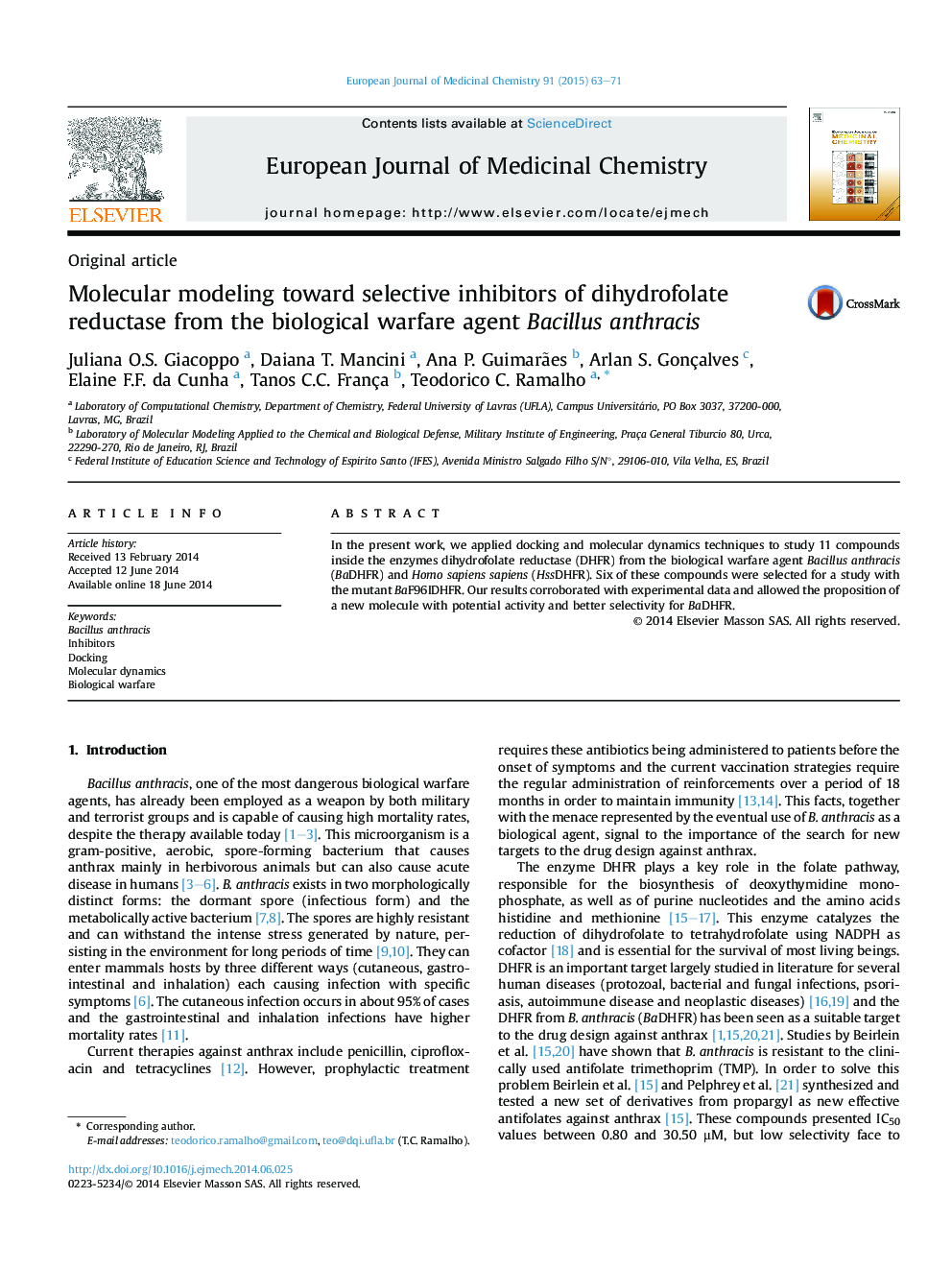 Molecular modeling toward selective inhibitors of dihydrofolate reductase from the biological warfare agent Bacillus anthracis