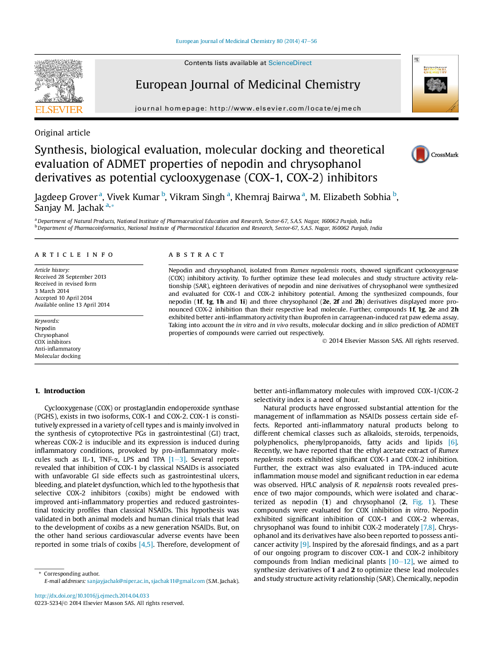 Synthesis, biological evaluation, molecular docking and theoretical evaluation of ADMET properties of nepodin and chrysophanol derivatives as potential cyclooxygenase (COX-1, COX-2) inhibitors