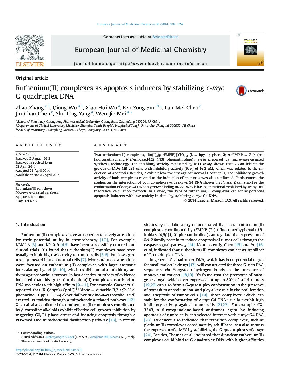 Ruthenium(II) complexes as apoptosis inducers by stabilizing c-myc G-quadruplex DNA
