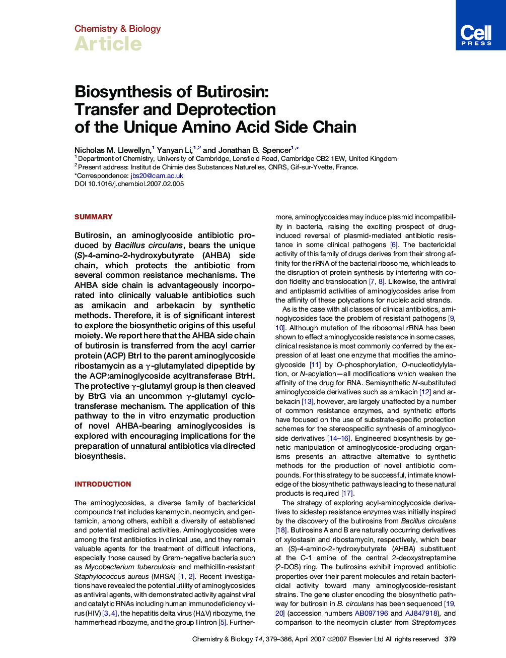 Biosynthesis of Butirosin: Transfer and Deprotection of the Unique Amino Acid Side Chain