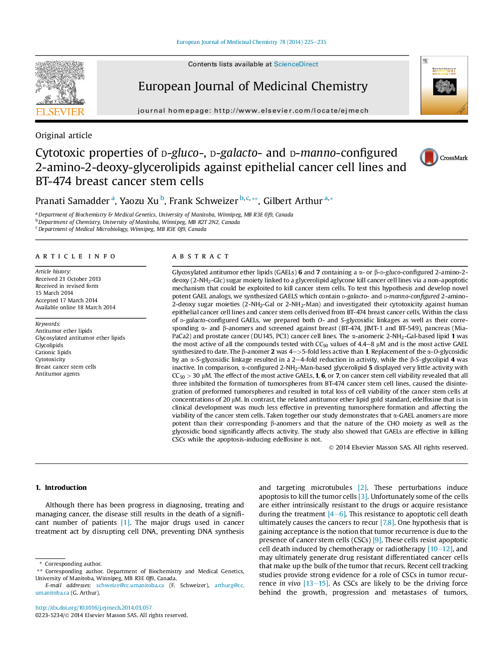 Cytotoxic properties of d-gluco-, d-galacto- and d-manno-configured 2-amino-2-deoxy-glycerolipids against epithelial cancer cell lines and BT-474 breast cancer stem cells