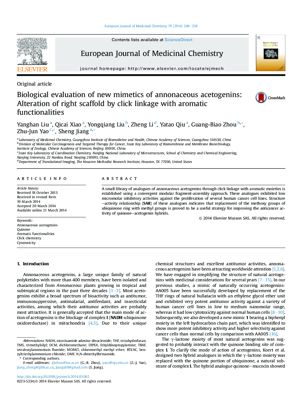 Biological evaluation of new mimetics of annonaceous acetogenins: Alteration of right scaffold by click linkage with aromatic functionalities