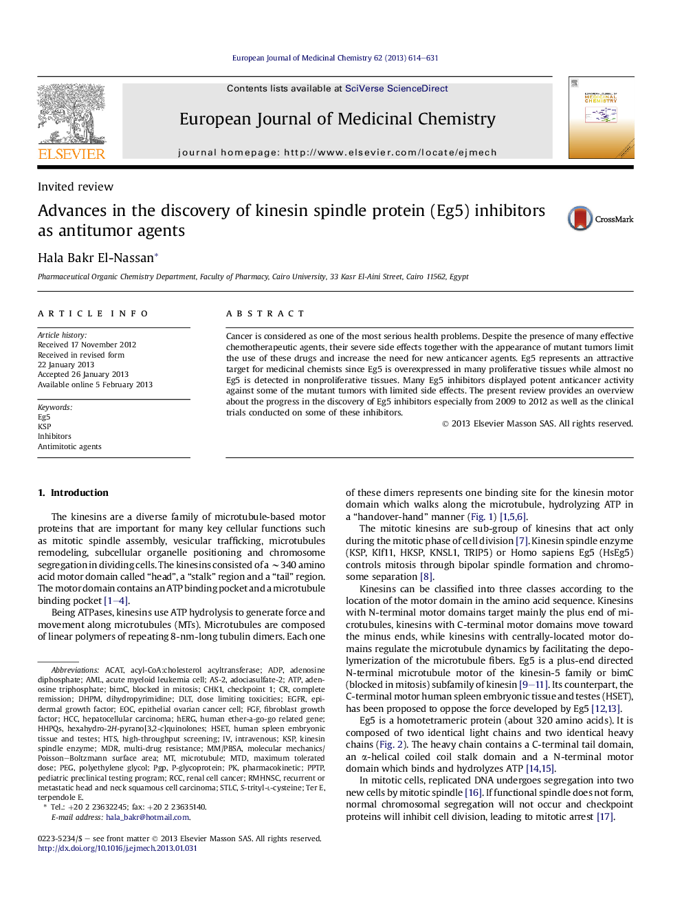 Advances in the discovery of kinesin spindle protein (Eg5) inhibitors as antitumor agents