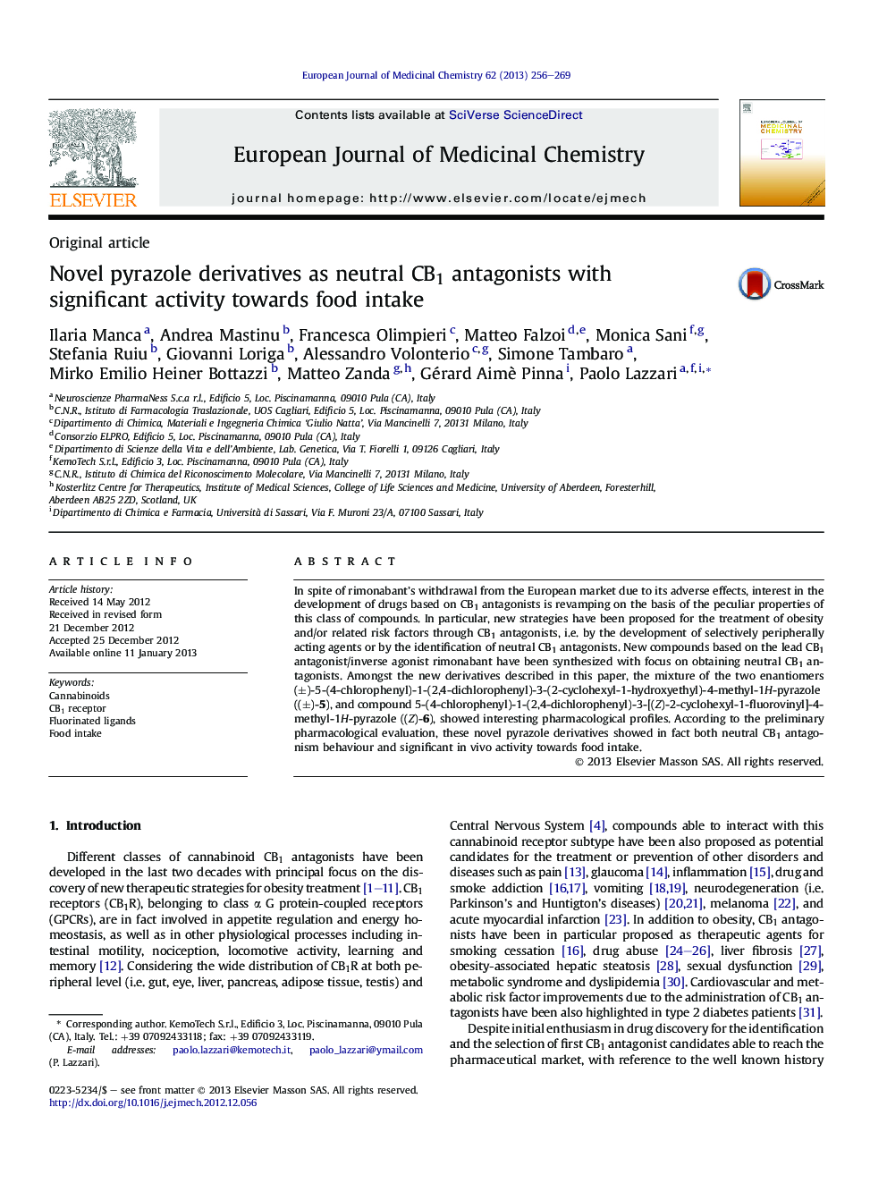 Novel pyrazole derivatives as neutral CB1 antagonists with significant activity towards food intake