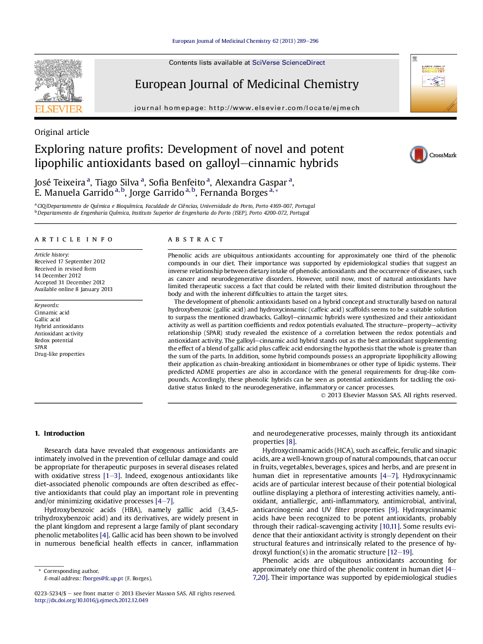 Exploring nature profits: Development of novel and potent lipophilic antioxidants based on galloyl–cinnamic hybrids