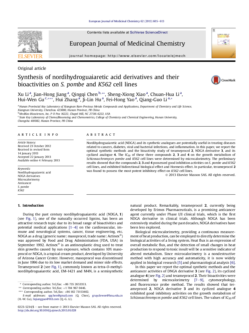 Synthesis of nordihydroguaiaretic acid derivatives and their bioactivities on S. pombe and K562 cell lines