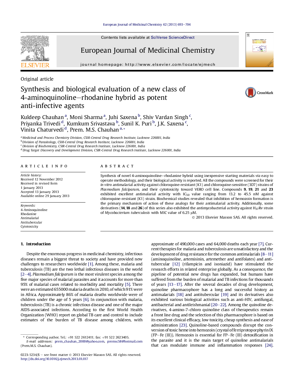 Synthesis and biological evaluation of a new class of 4-aminoquinoline–rhodanine hybrid as potent anti-infective agents